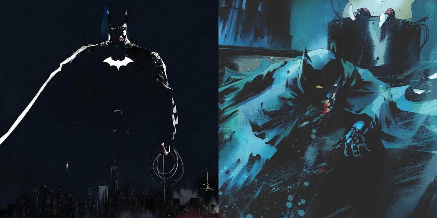Split image of Batman&rsquo;s silhouette over a blacked-out Gotham and bloodied on the ground in One Dark Knight