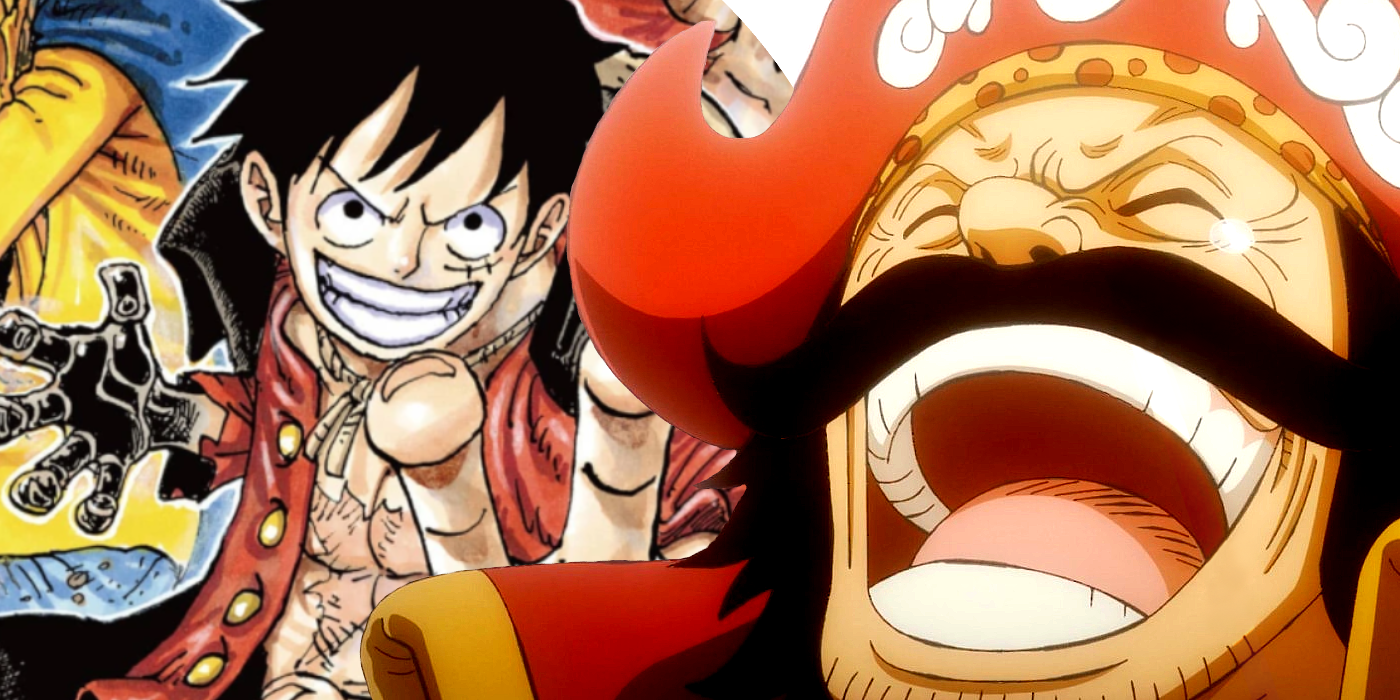 Gol D Roger in One Piece laughing with his mouth wide open with luffy in the background holding up a haki coated hand and smiling