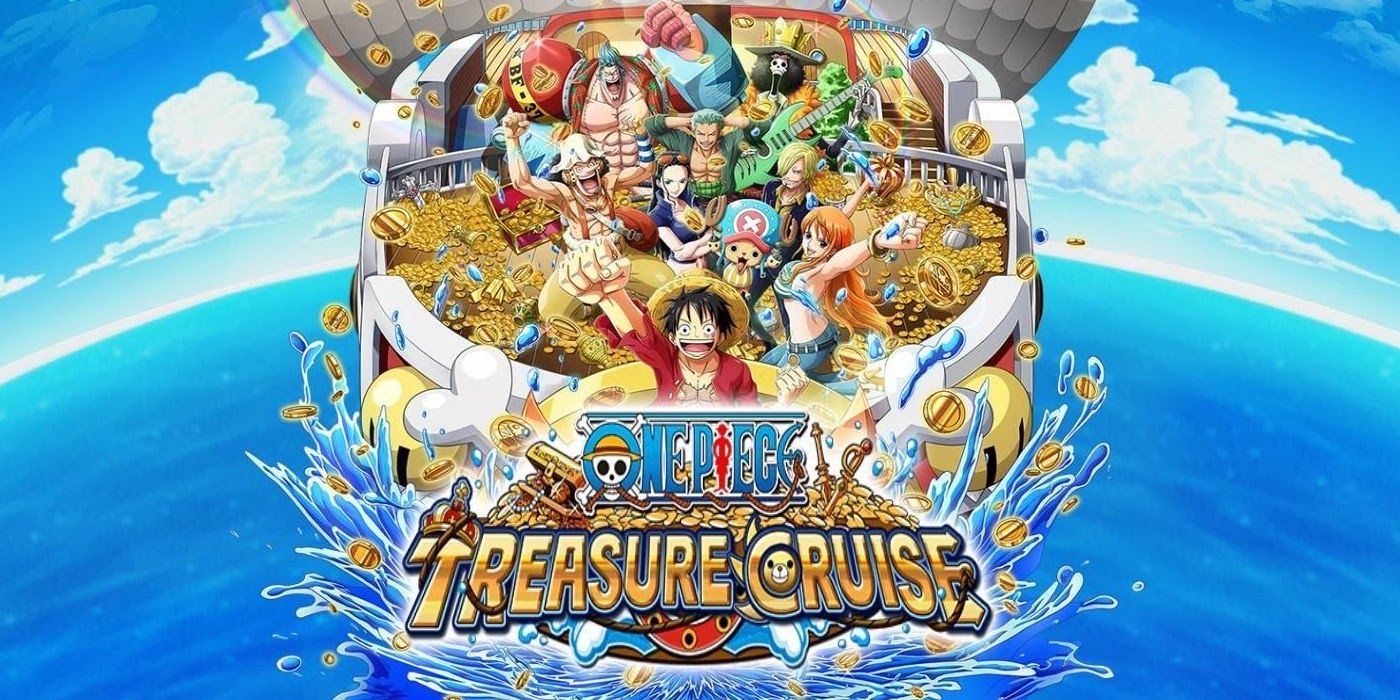It's a promotional image for the video game One Piece Treasure Cruise set against the ocean.