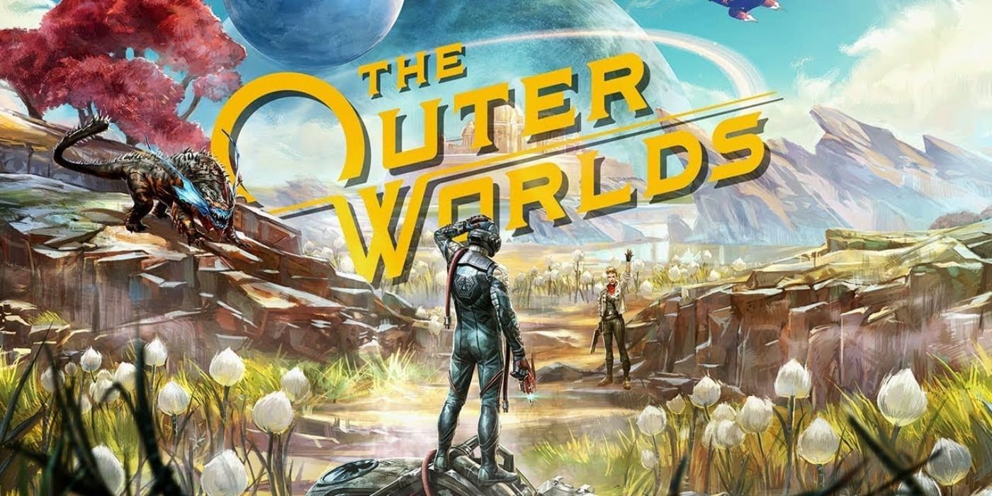 Promo art for The Outer Worlds with the player character overlooking the colorful sci-fi themed world