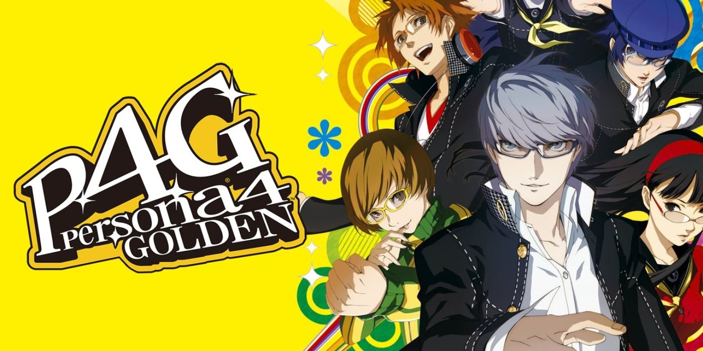 Persona 4 Golden promo art featuring the main cast of characters on a vibrant yellow background