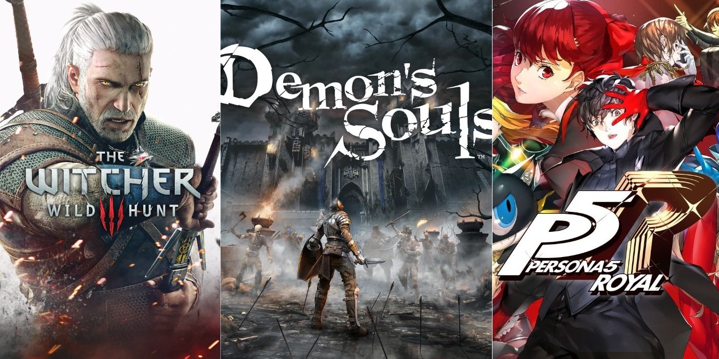 Split image of The Witcher 3, the PS5 remake of Demon's Souls, and Persona 5 Royal