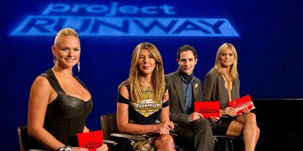 Panel of Project Runway judges with Miranda Lambert in the foreground