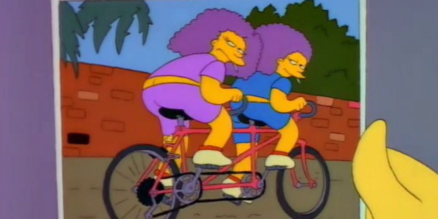 Patty and Selma on a tandem bike in The Simpsons