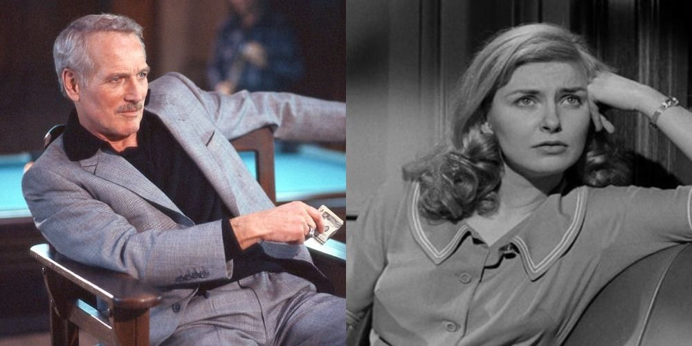Split image showing Paul Newman's character in The Color of Money &amp; Joanne Woodward