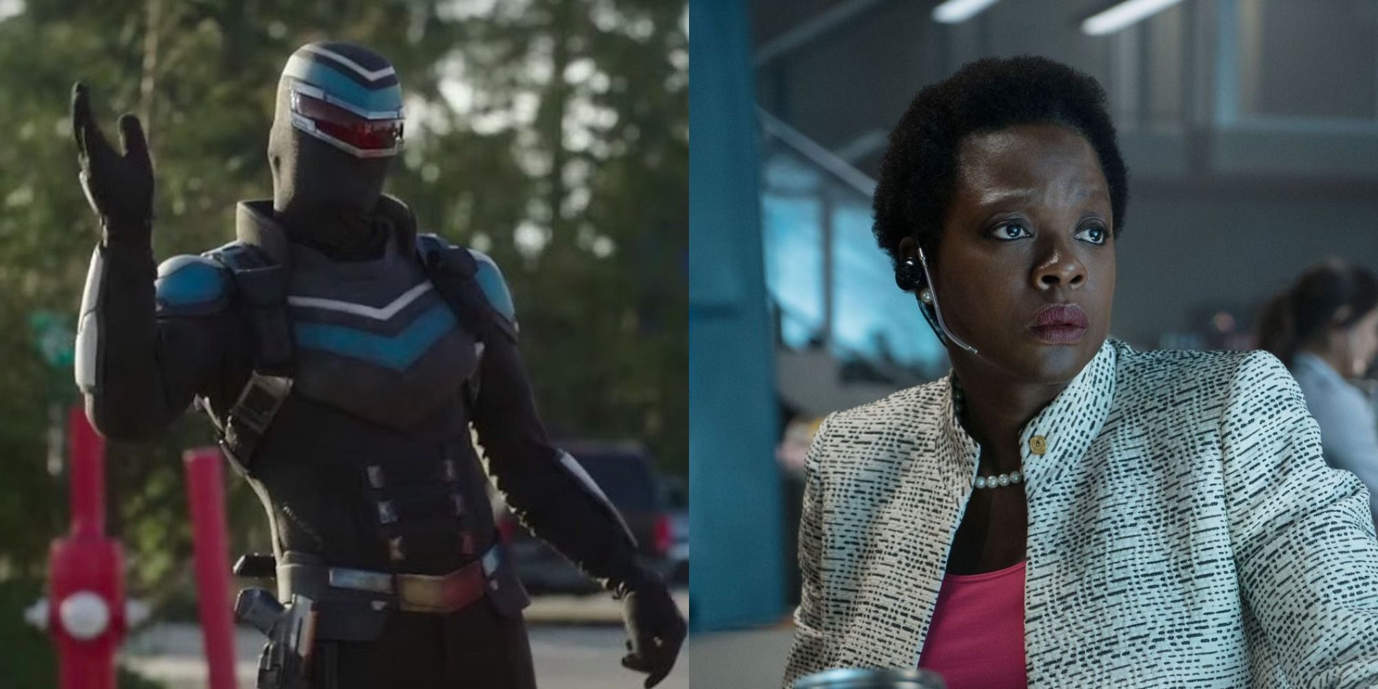 Split image showing Vigilante in Peacemaker and Amanda Waller in The Suicide Squad