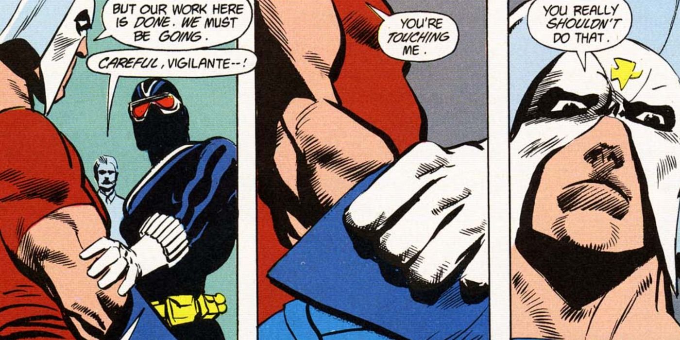 Peacemaker attacks Vigilante in DC Comics.