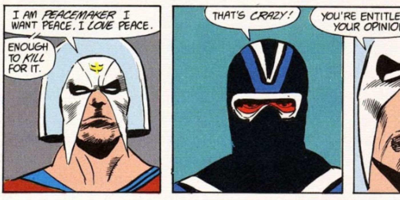 Peacemaker confronts Vigilante in DC Comics.