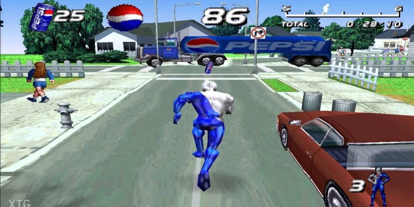 Pepsiman running on a street in the epynomous video game