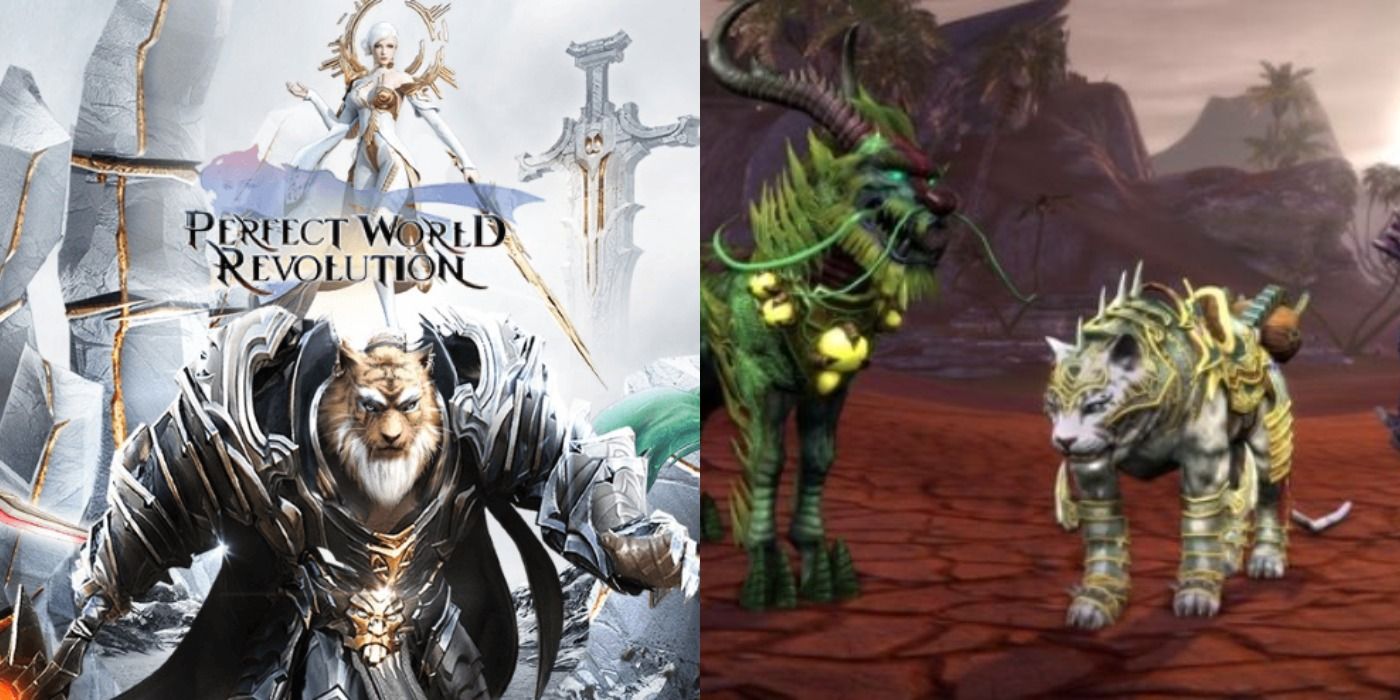 Split image of the mystical races of Perfect World and loot box mounts from Rift