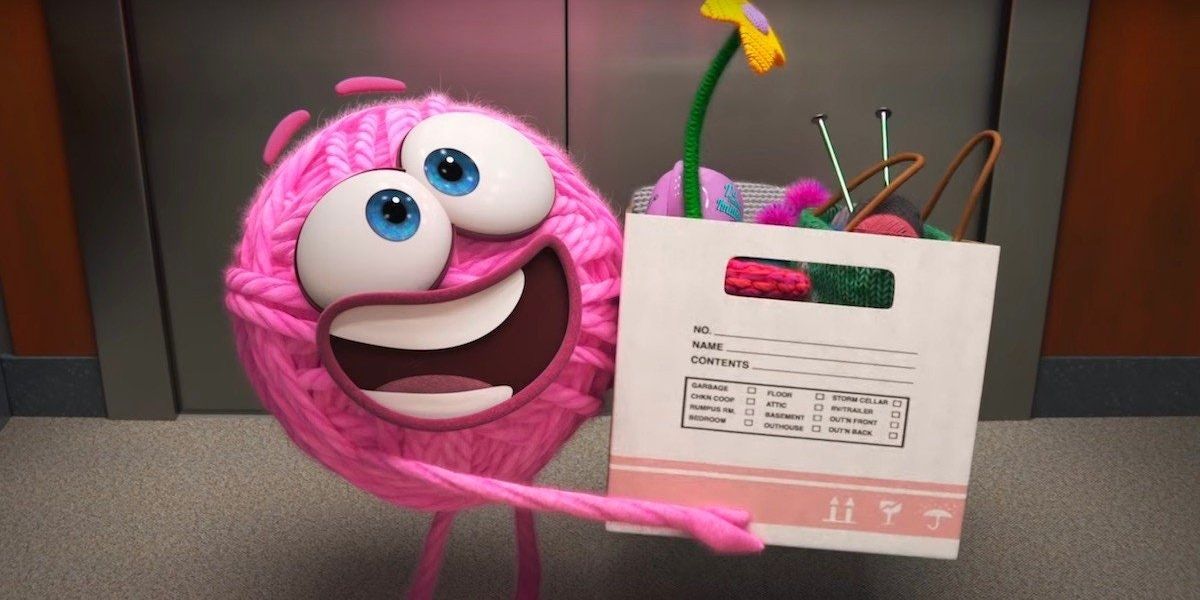 Pink yard ball Purl holding her box of things in the Pixar SparkShort Purl