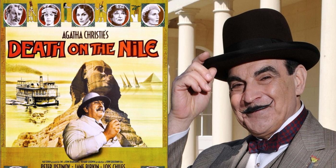 Split image of Death on the Nile poster and Hercule Poirot tipping his hat