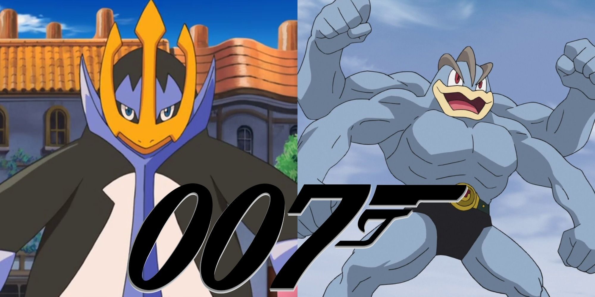 Split image showing Empoleon and Machamp, and the 007 logo