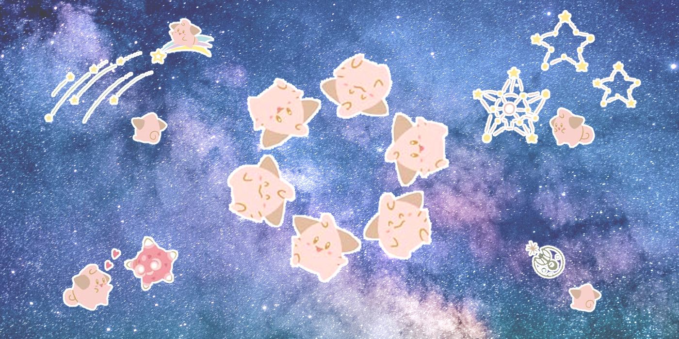 Pokemon Cleffa In Outer Space With Minior Staryu And Lunatone