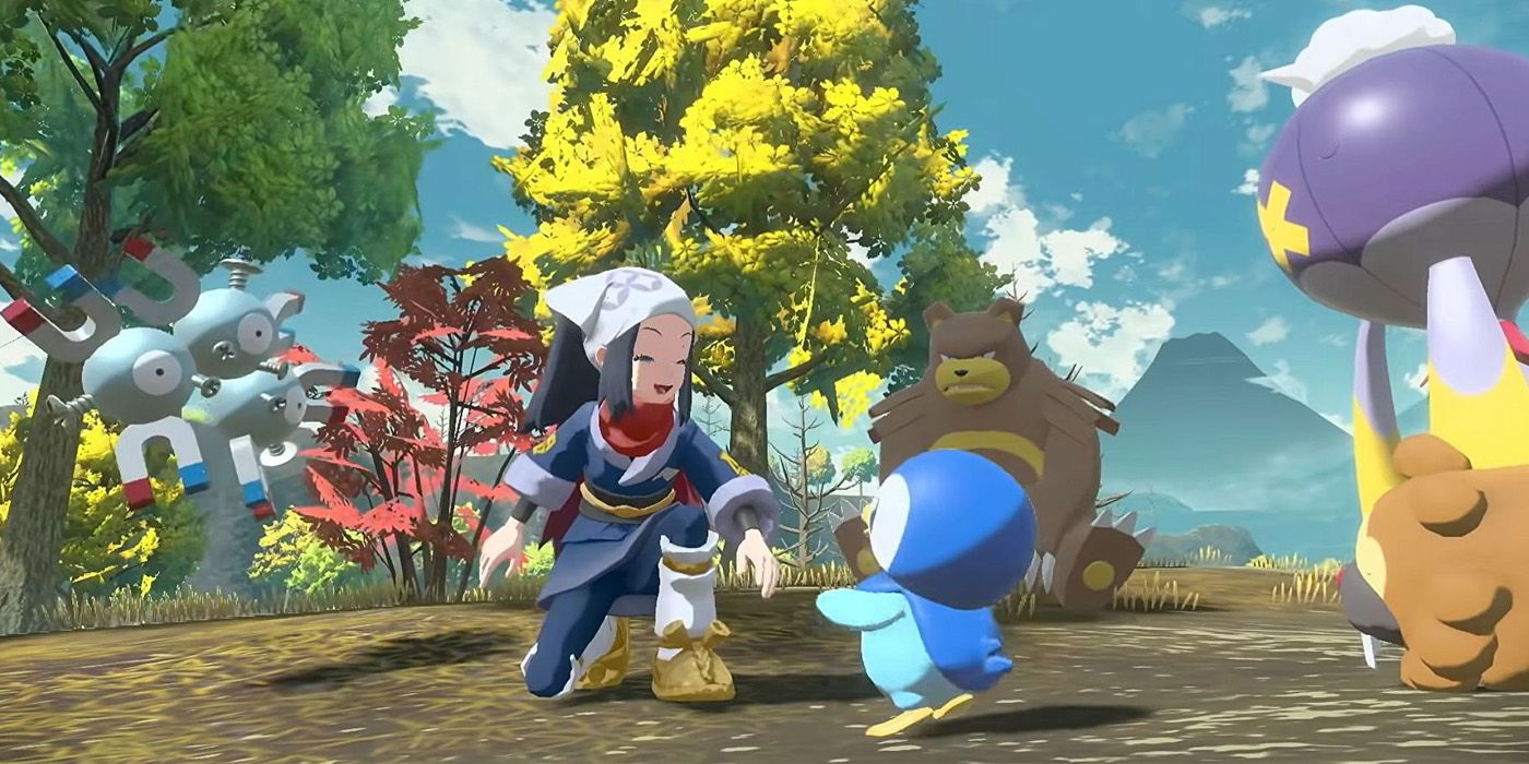 Akari with Piplup in Pokémon Legends Arceus