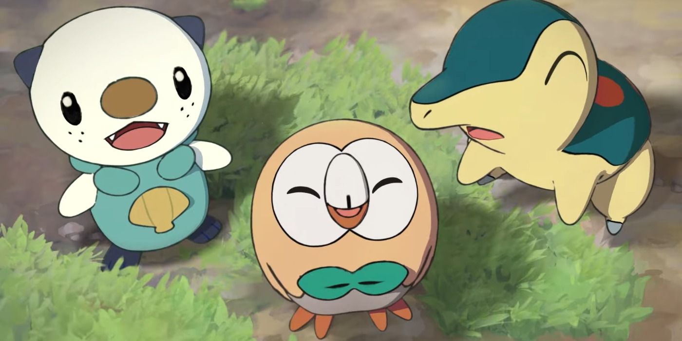 Pokémon Legends: Arceus' Hisuian starters - Oshawott, Rowlett, and Cyndaquil.