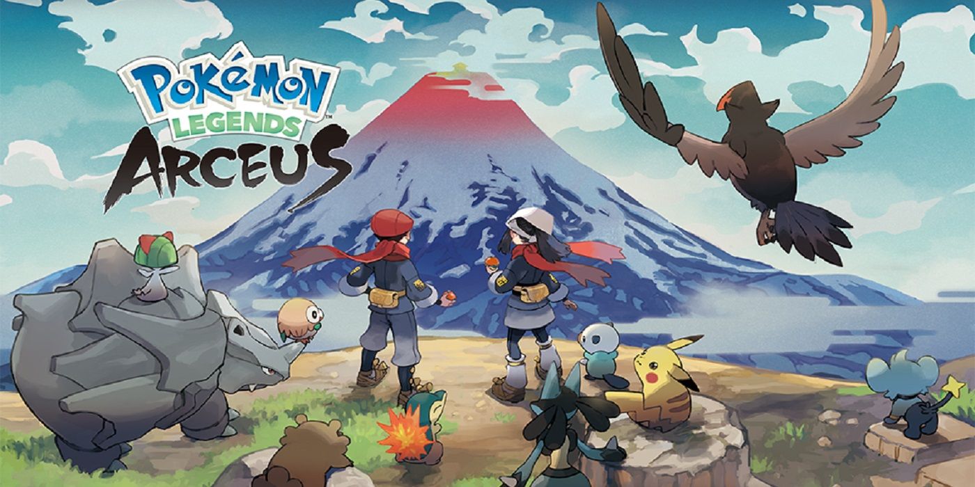 A arte promocional de Pokemon Legends Arceus tem dois treinadores e seus Pokémon em pé diante de um vulcão.