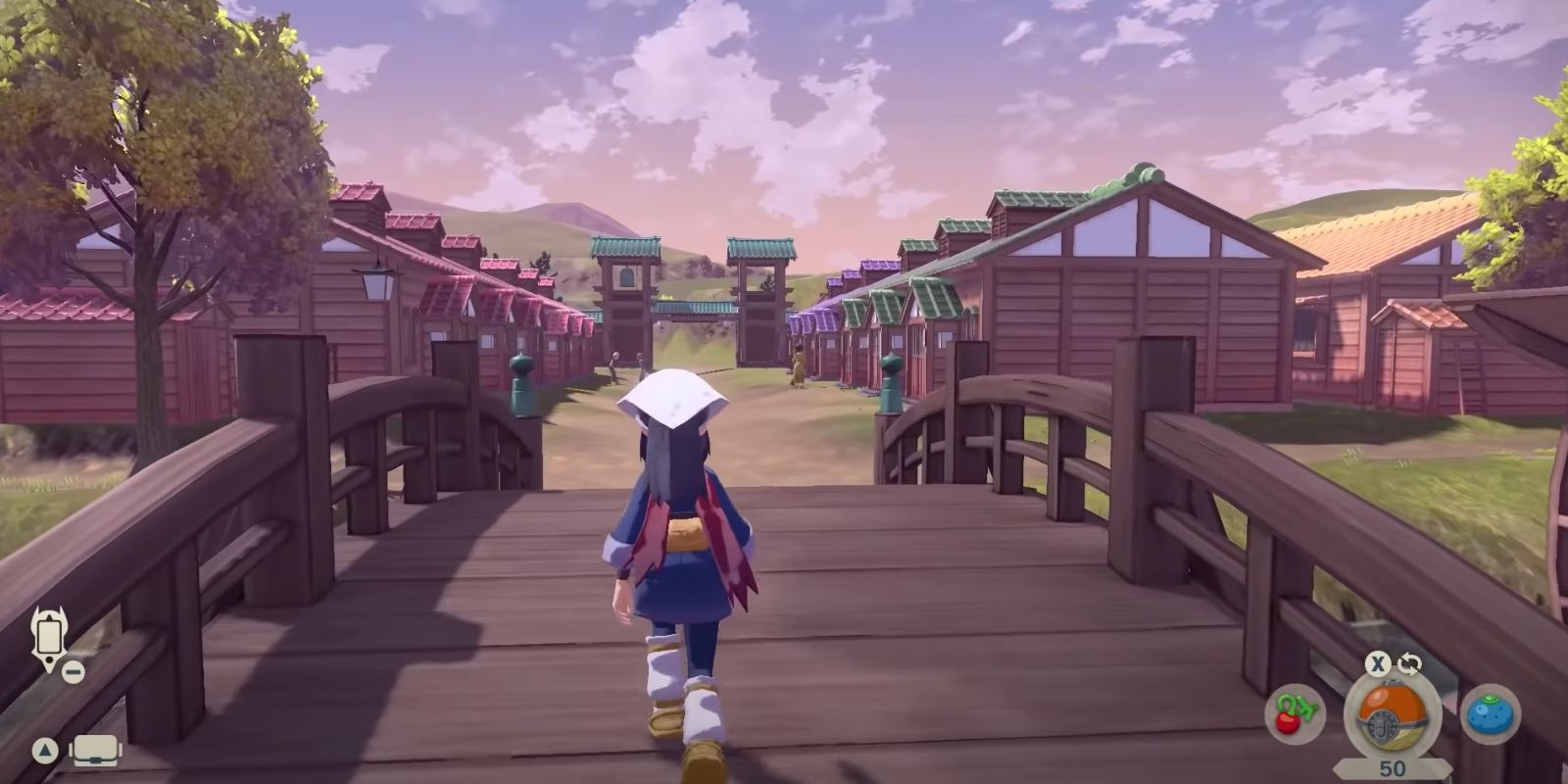 A Pokémon Trainer walking over a bridge in Jubilife Village from Pokémon Legends: Arceus