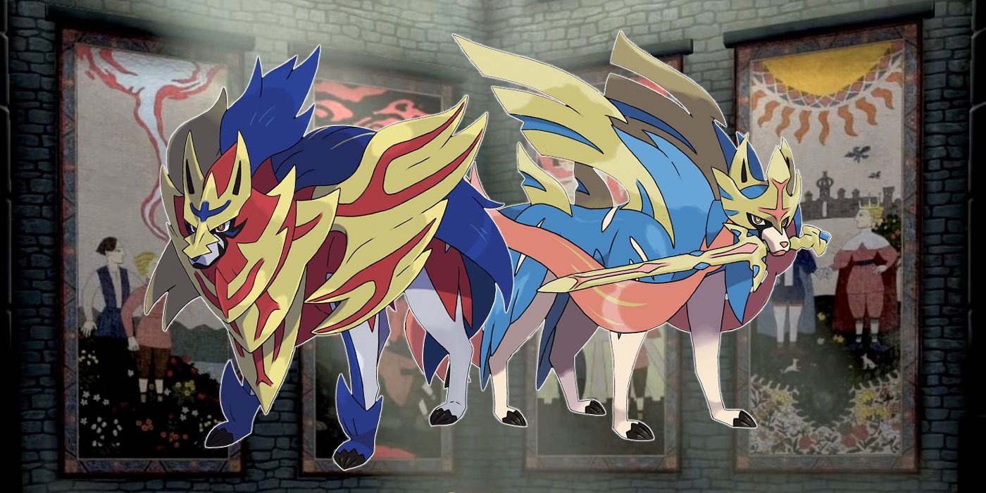 Pokemon Sword And Shield Zacian e Zamazenta em frente às tapeçarias Hammerlocke