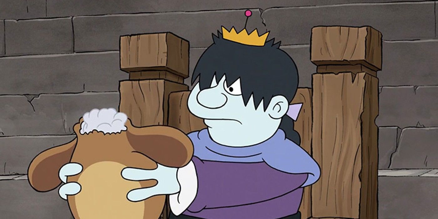 Prince Derek holds his headless bear in Disenchantment.