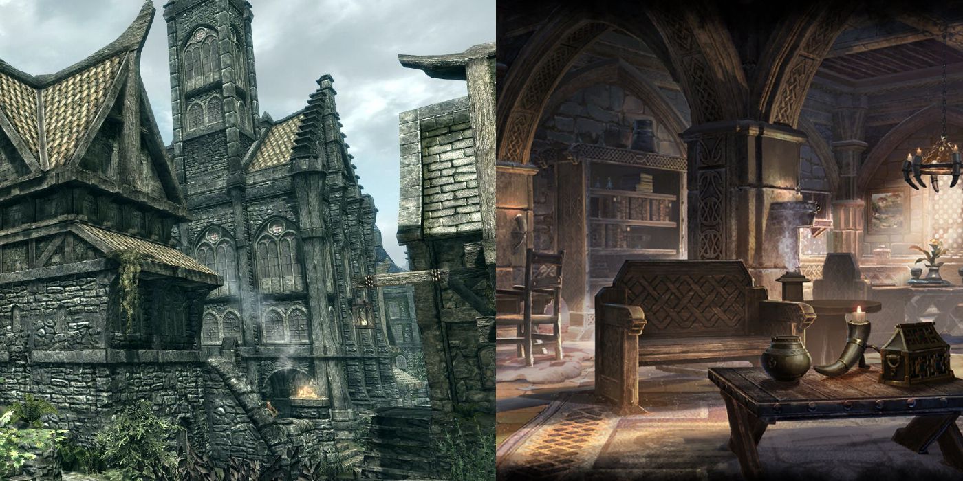 A split image of a Skyrim house