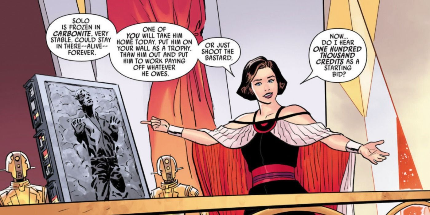 Qi'ra auctions a frozen Han Solo in War of the Bounty Hunters comic.