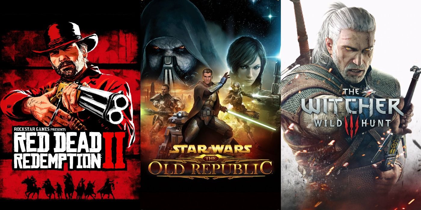 Split image of Red Dead Redemption 2, Star Wars: The Old Republic, and The Witcher 3 promo art
