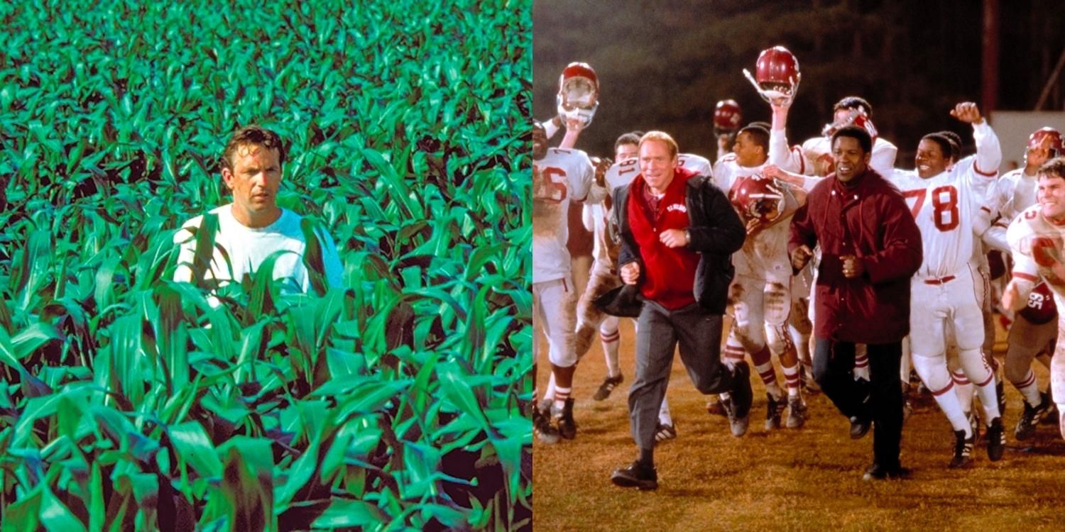Ray in the corn field in Field of Dreams next to the team running onto the field in Remember the Titans