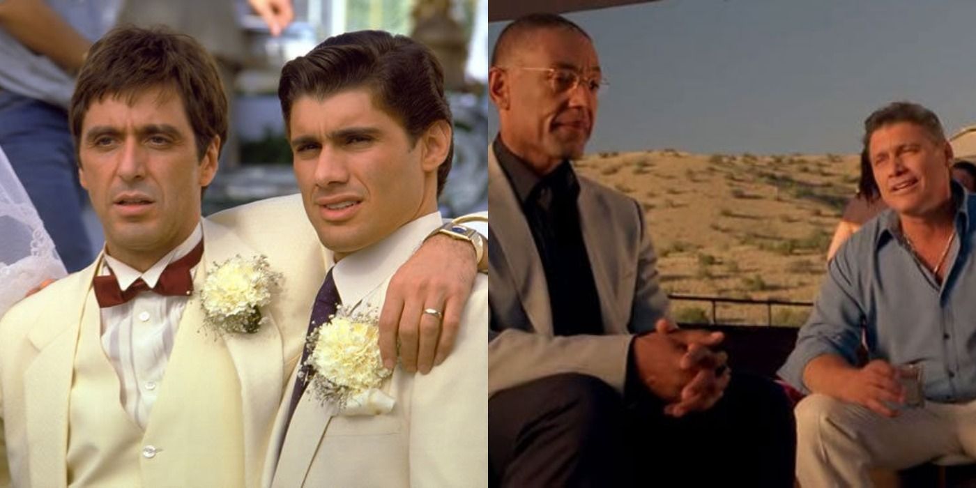 Split image showing Tony Montana's wedding in Scarface and Gus Fring's meeting with Don Eladio in Breaking Bad