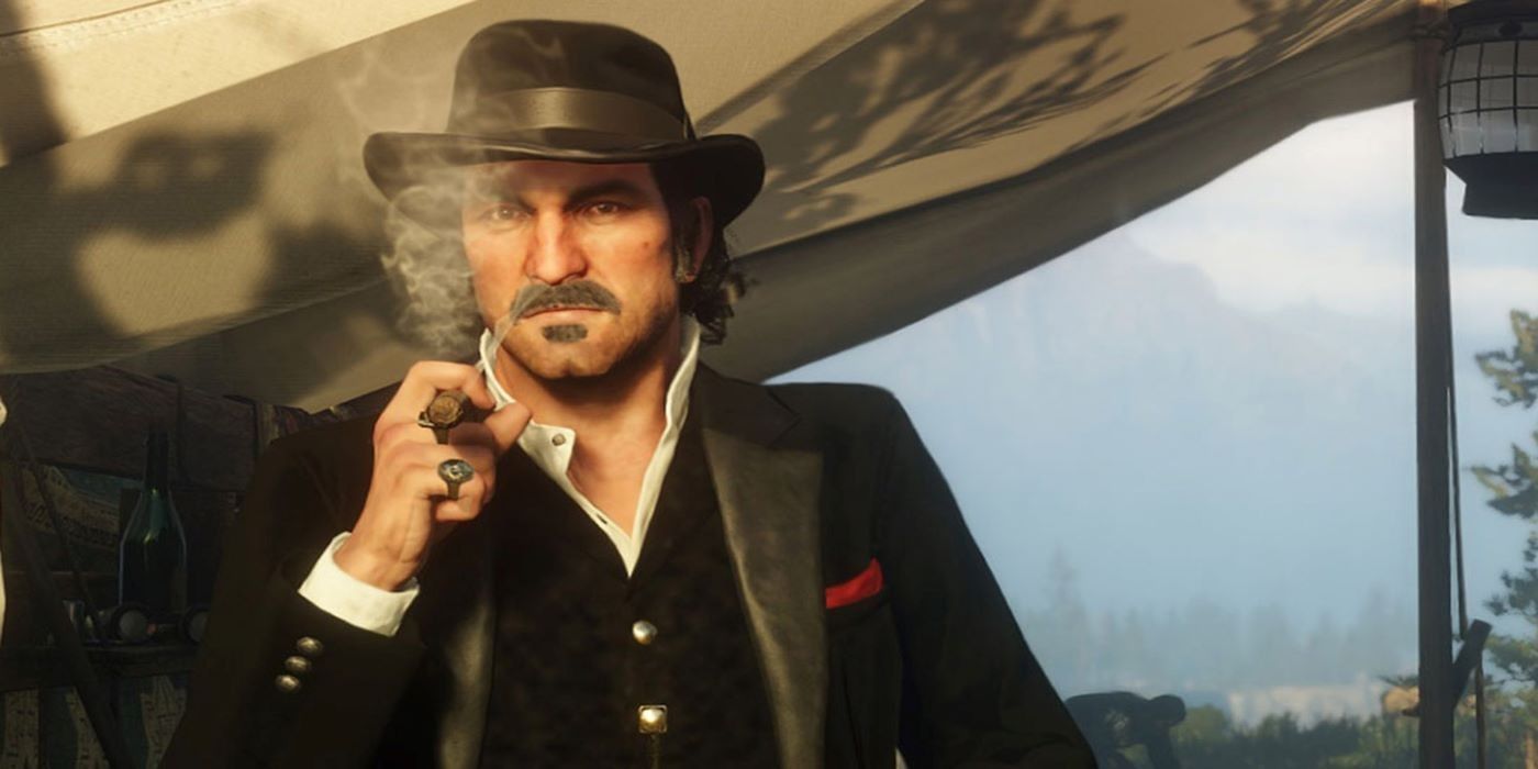 Dutch smokes a cigar by his tent in Red Dead Redemption 2