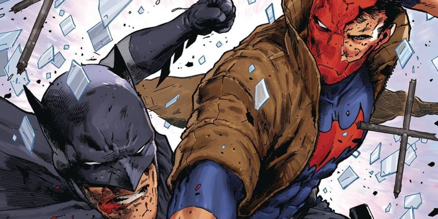 Red Hood punching Batman in comic book art
