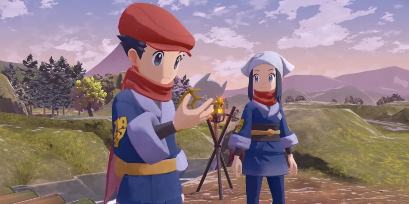 Rei holding his Arc Phone and Akari next to him in Pokémon Legends: Arceus