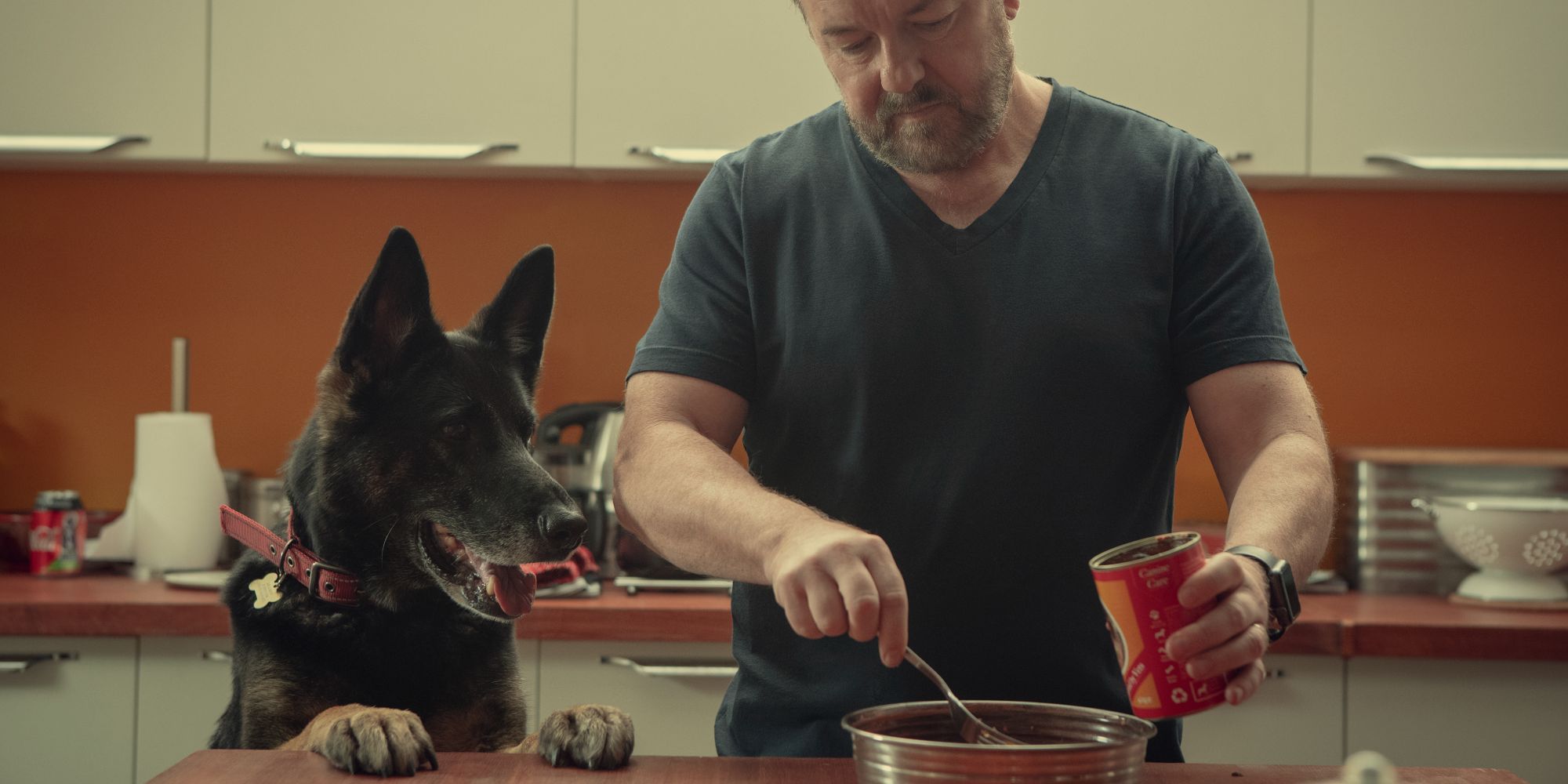 Ricky Gervais standing in a kitchen with a big black dog beside him in Netflix's After Life