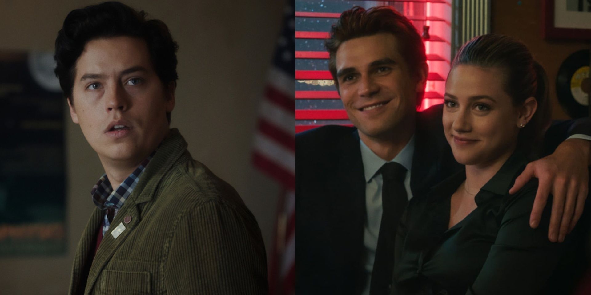 Two side by side images of Jughead and Archie with Betty in Riverdale
