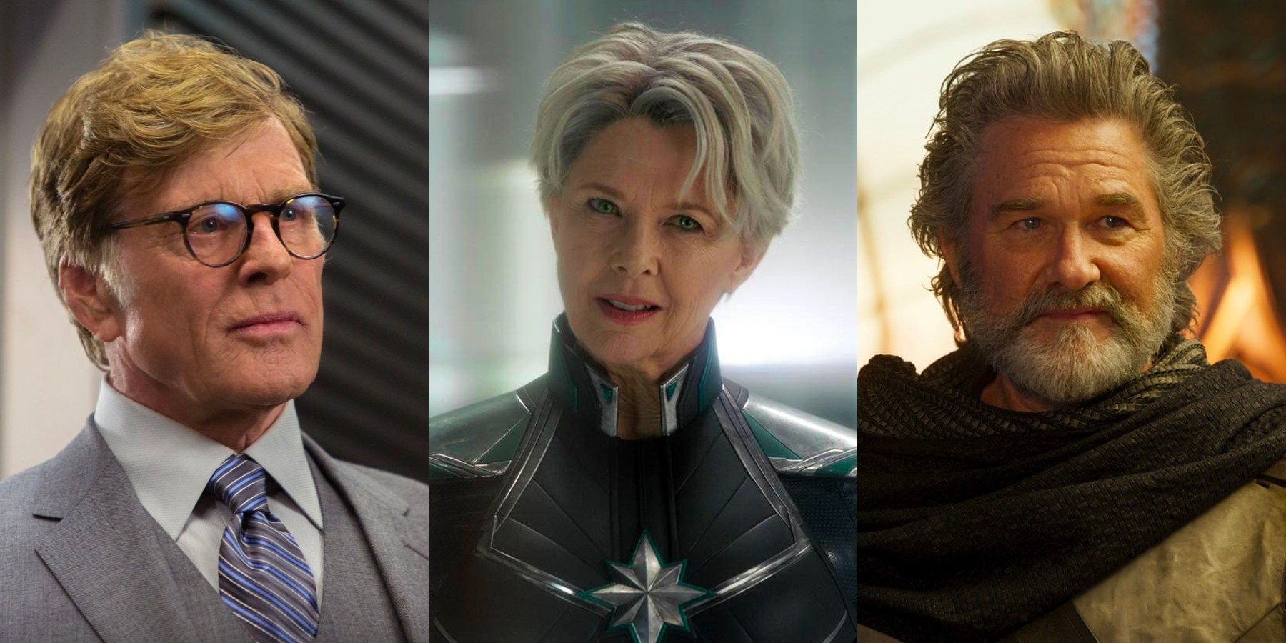 Split image: Alexander Pierce, Mar-Vell and Ego in scenes from MCU movies.