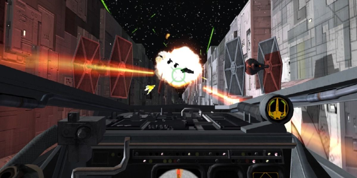 Luke's X-Wing fires upon Tie Fighters whilst flying through The Death Star in Rogue Leader.