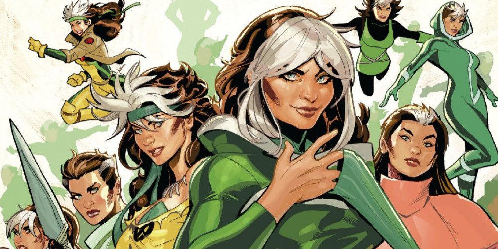 Different variants of Rogue pose in X-Men comics.