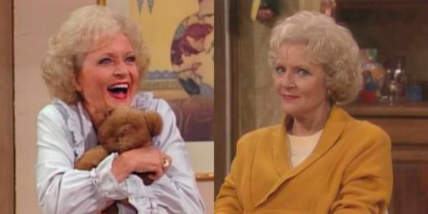 Rose hugging her teddy bear and Rose looking at the camera in The Golden Girls