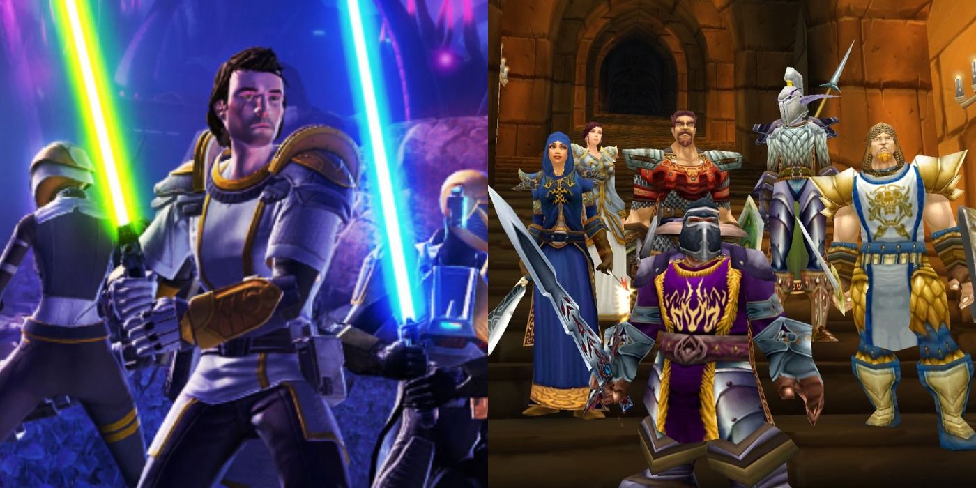Split image of two Jedi with a party in Star Wars and a group in World of Warcraft