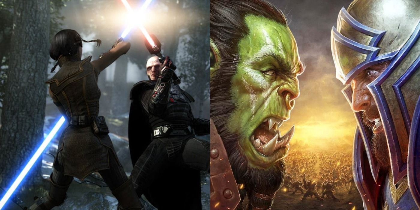 A Jedi with a blue double-bladed lightsaber battling a Sith and an Orc and Human facing each other