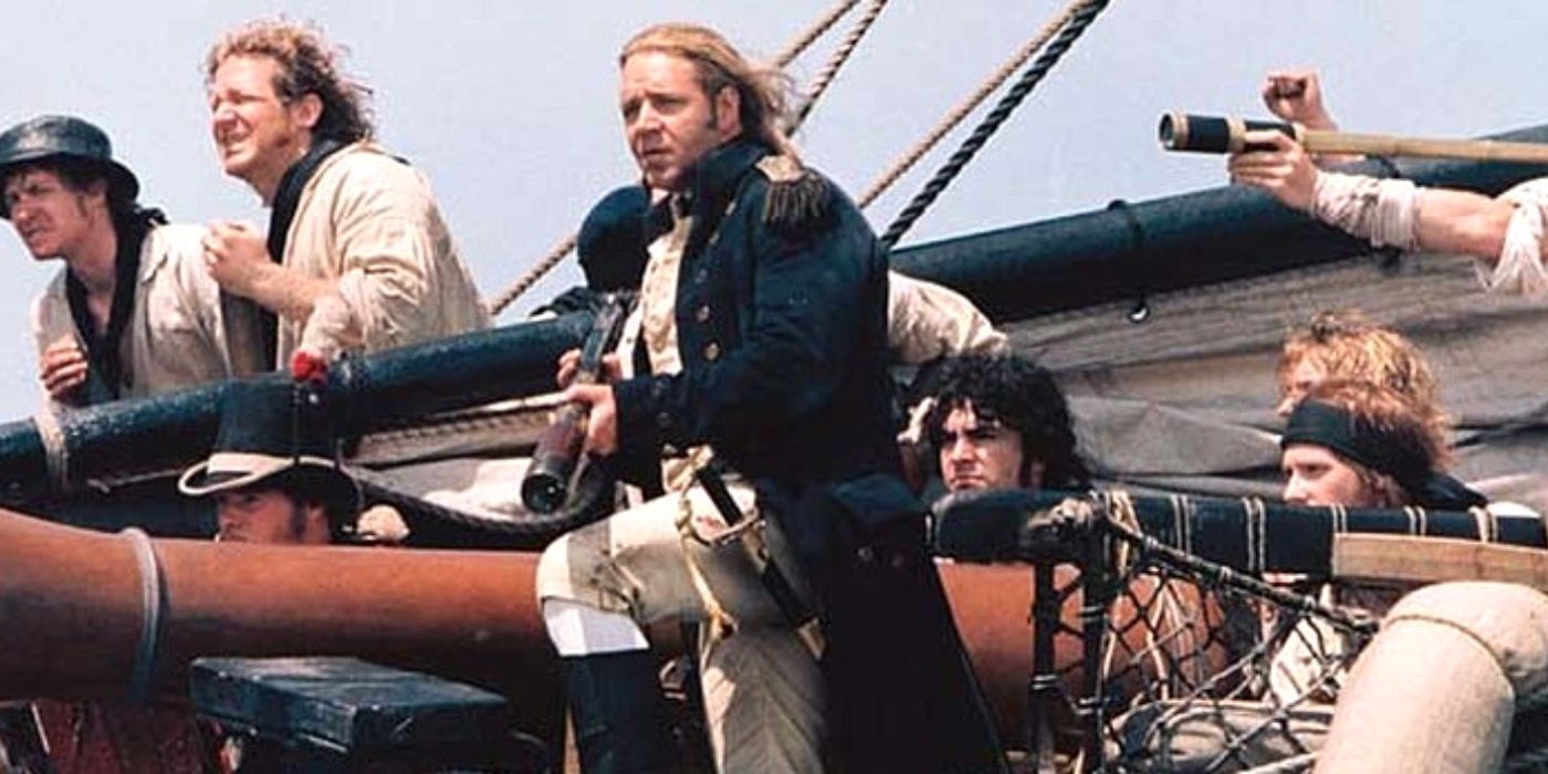 Sailors taking positions on the edge of a ship in Master and Commander