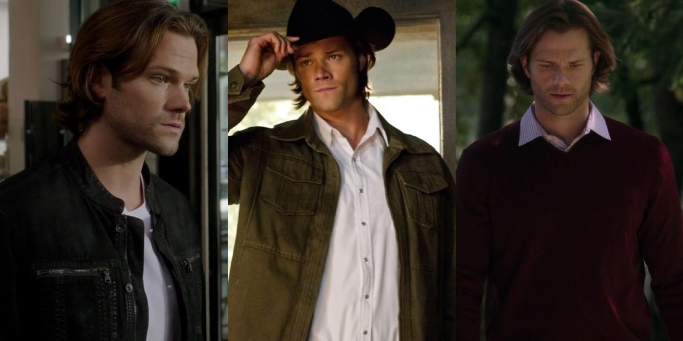 Split image of Sam Winchester in a black jacket, a cowboy hat, and a red sweater in Supernatural