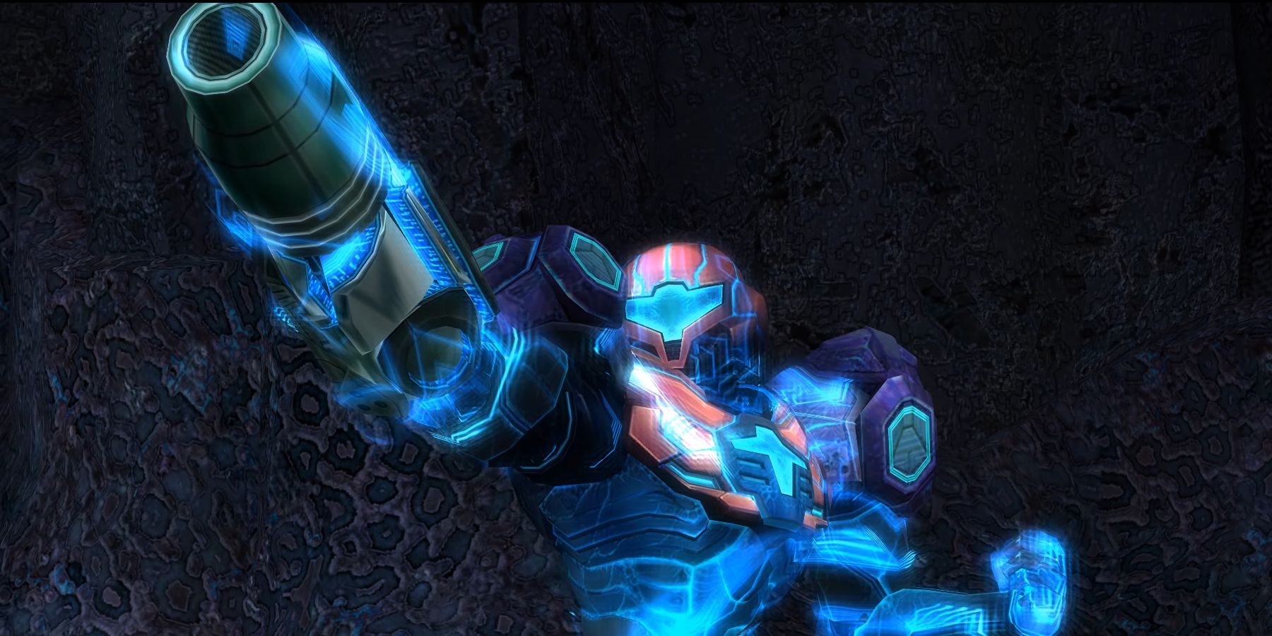 Samus Aran aiming her arm blaster in the Hazard Shield Suit in Metroid Prime 3 Corruption