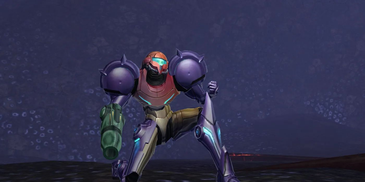Samus Aran kneeling in her Gravity Suit in Metroid Prime