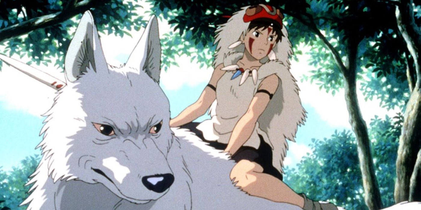 San sits atop the wolf Moro in Princess Mononoke