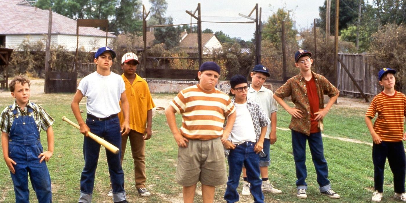 The young cast of The Sandlot out at their local baseball field together