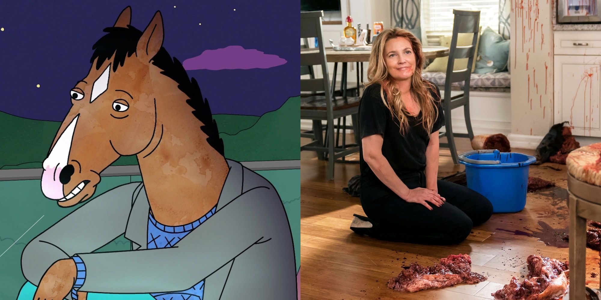 Split image of scenes from Santa Clarita Diet and Bojack Horseman
