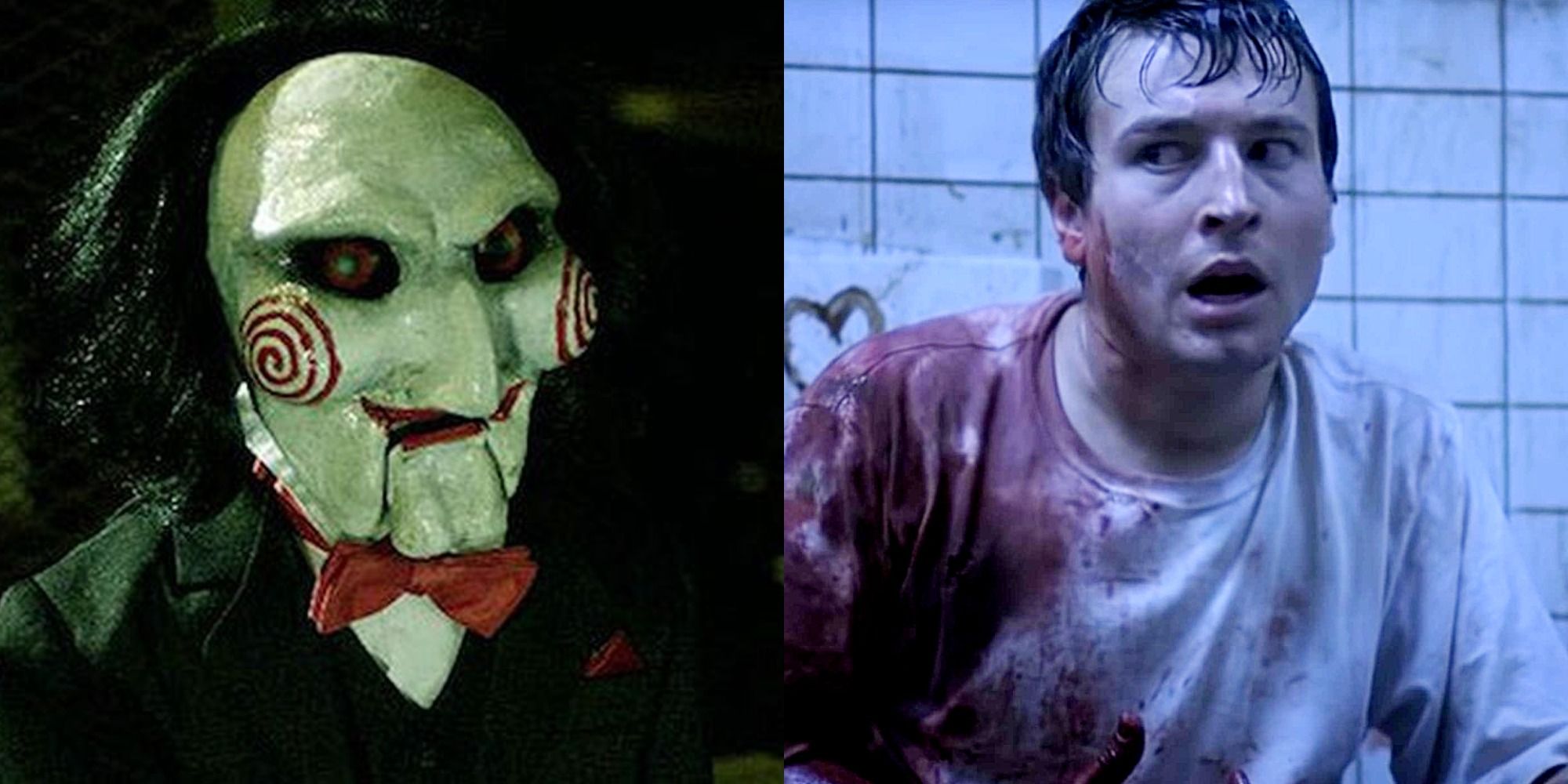 Split image of Jigsaw's puppet and Adam in Saw