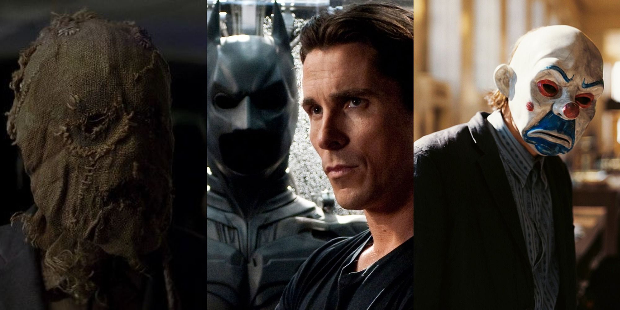 Scarecrow, Bruce Wayne, and Joker in Dark Knight Trilogy