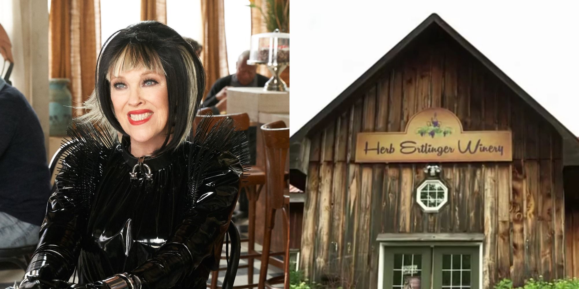 Split image showing Moira Rose and the Winery in Schitt's Creek